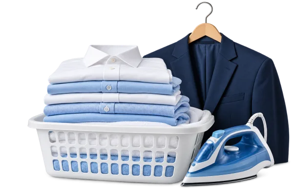 Freshly cleaned shirts, suit and steam iron from Dreams Dry Cleaners Karachi
