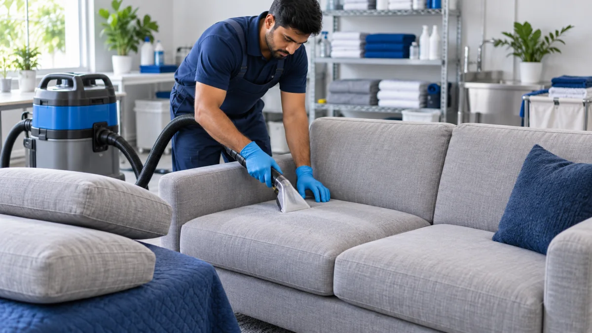 Professional technician extracting dirt from a light grey fabric sofa