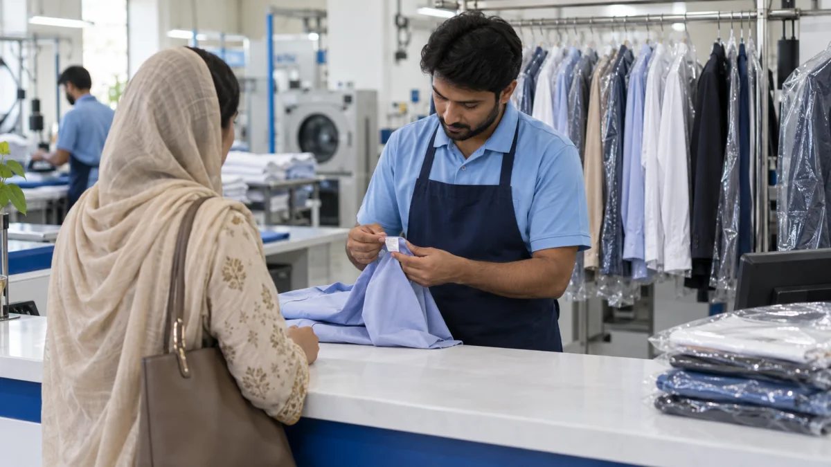 Karachi customer and dry cleaner checking a garment care label at the counter
