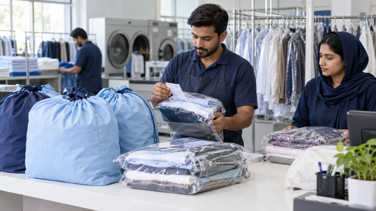 Laundry staff checking packed clothes and reusable bags for pickup and delivery