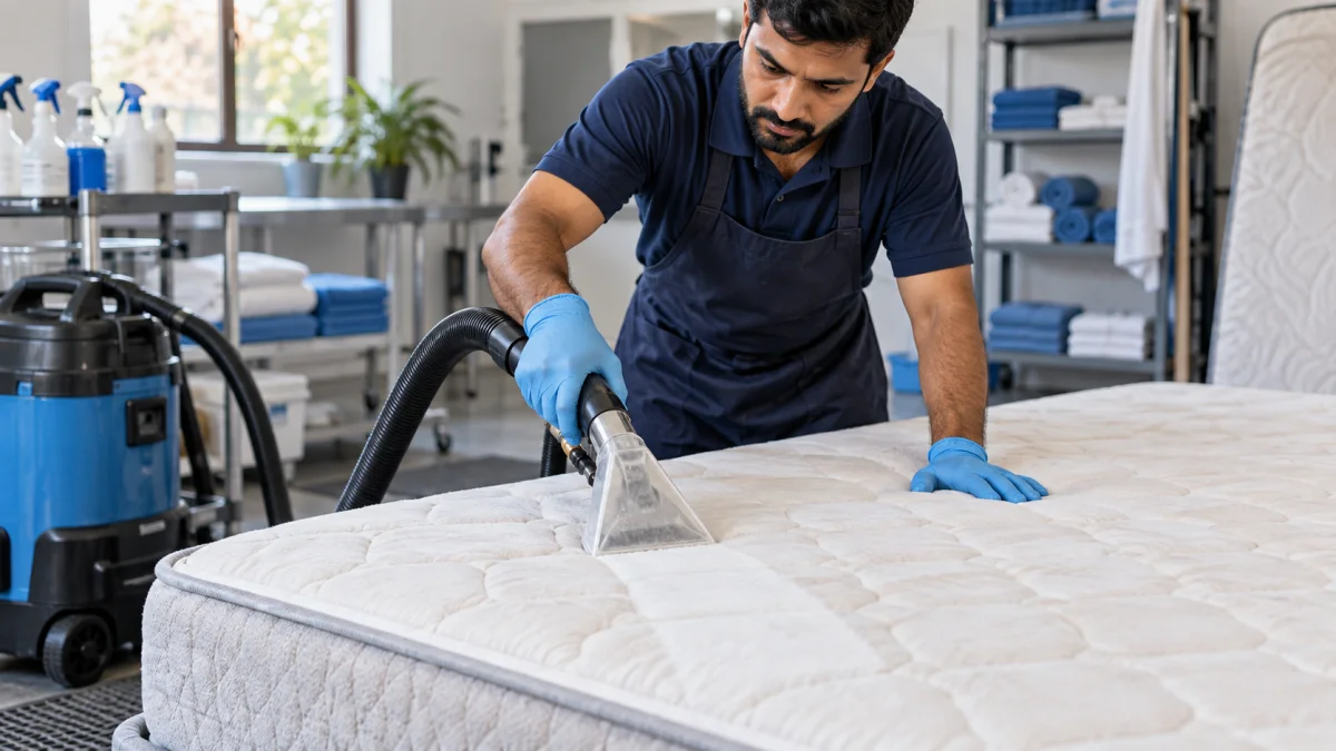 Professional technician cleaning a mattress with a fabric extraction tool