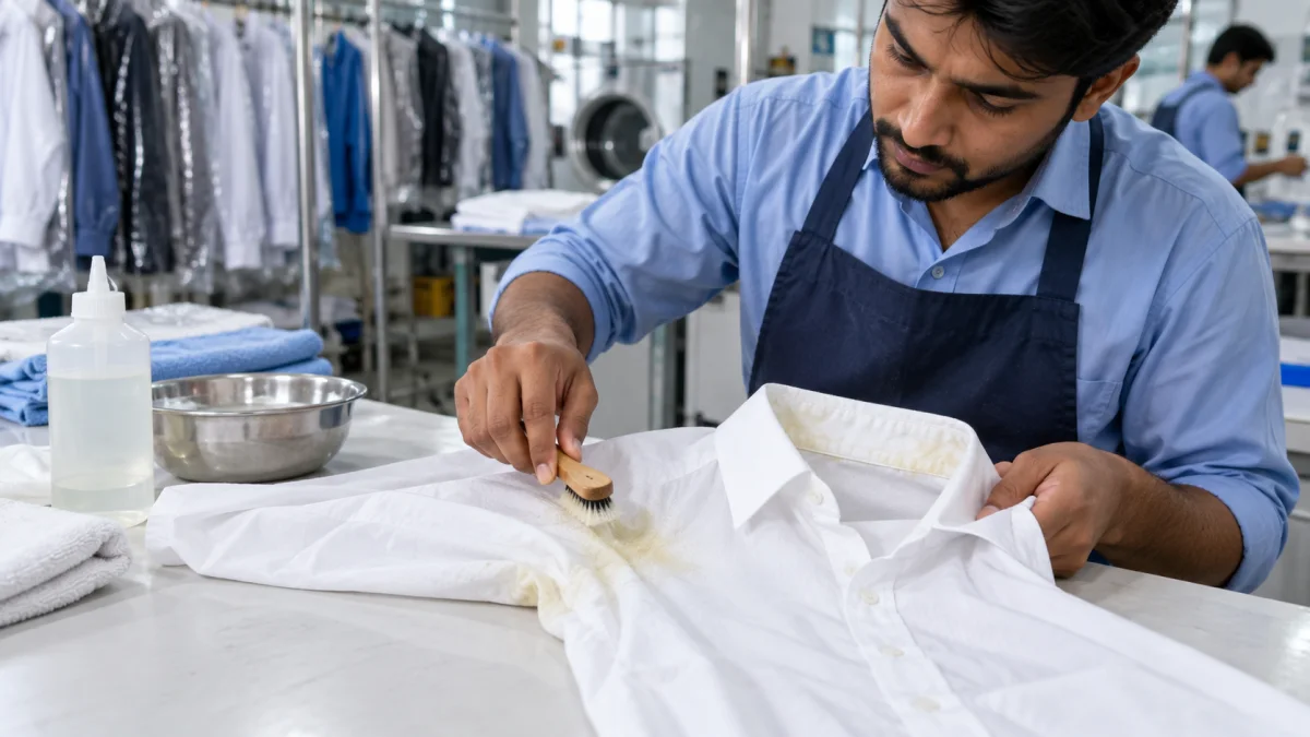 Yellow shirt collar and perspiration marks receiving careful pre-treatment