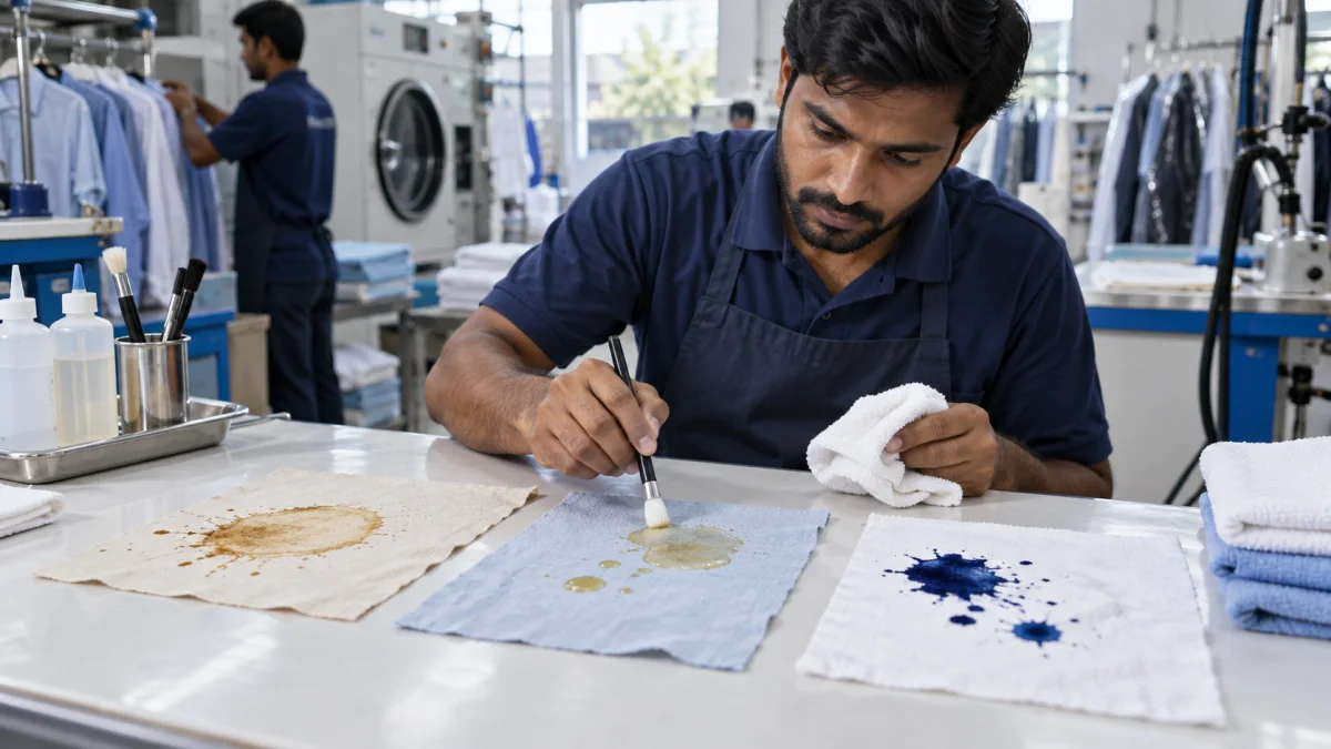Technician testing separate treatments for tea oil and ink fabric stains