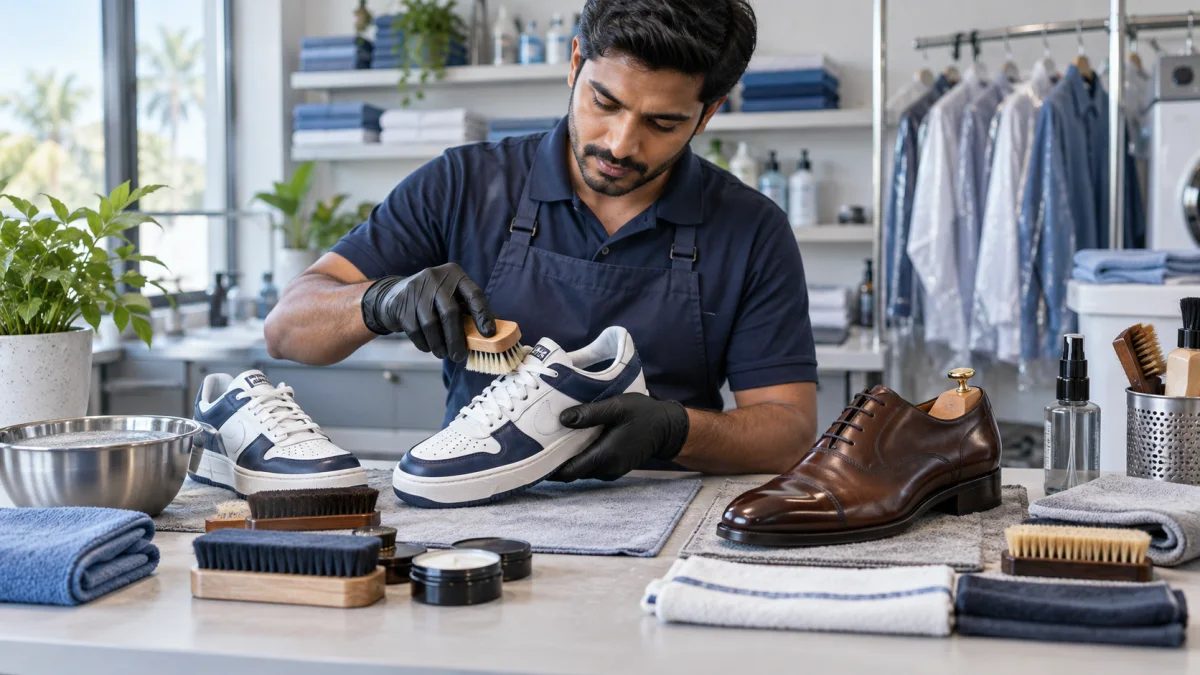 Sneakers and leather shoes receiving material-specific professional care
