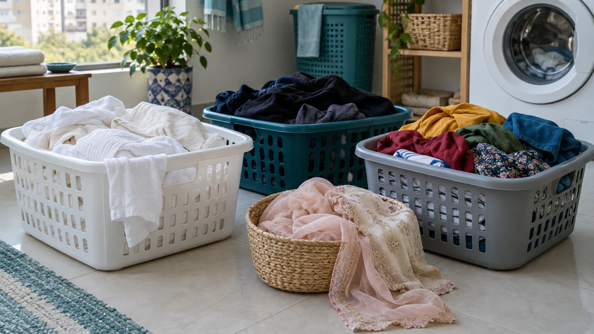 White, dark, coloured and delicate laundry separated into different baskets