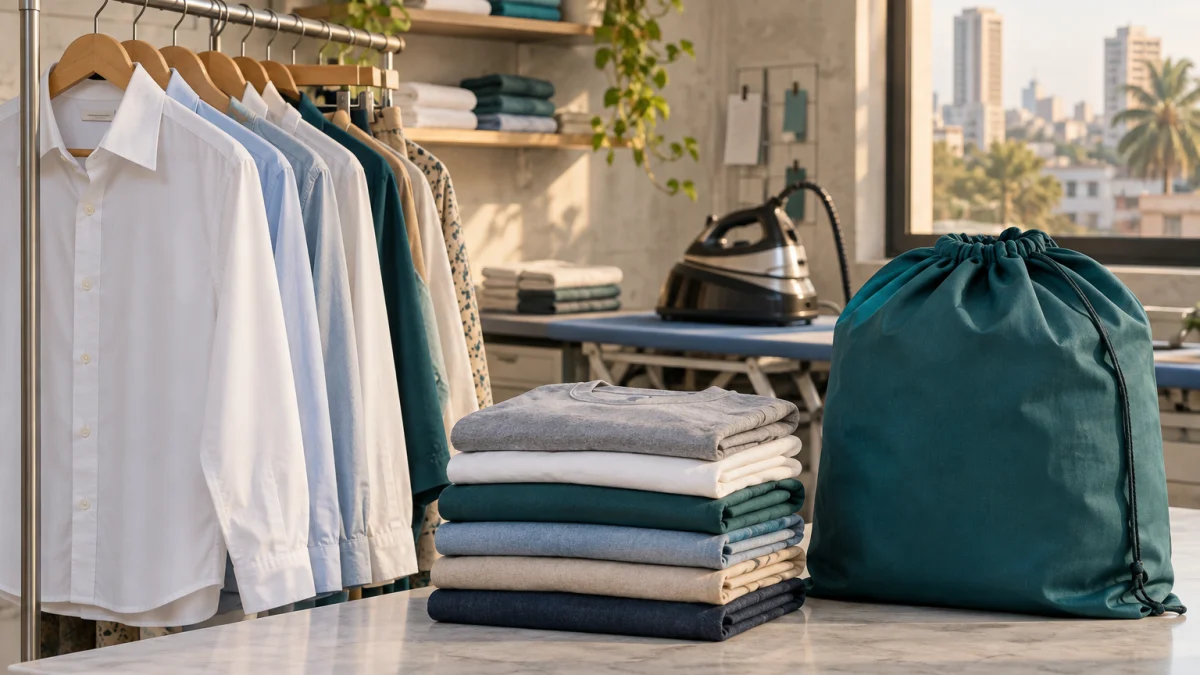 Steam-ironed shirts, folded clothes and a reusable pickup laundry bag