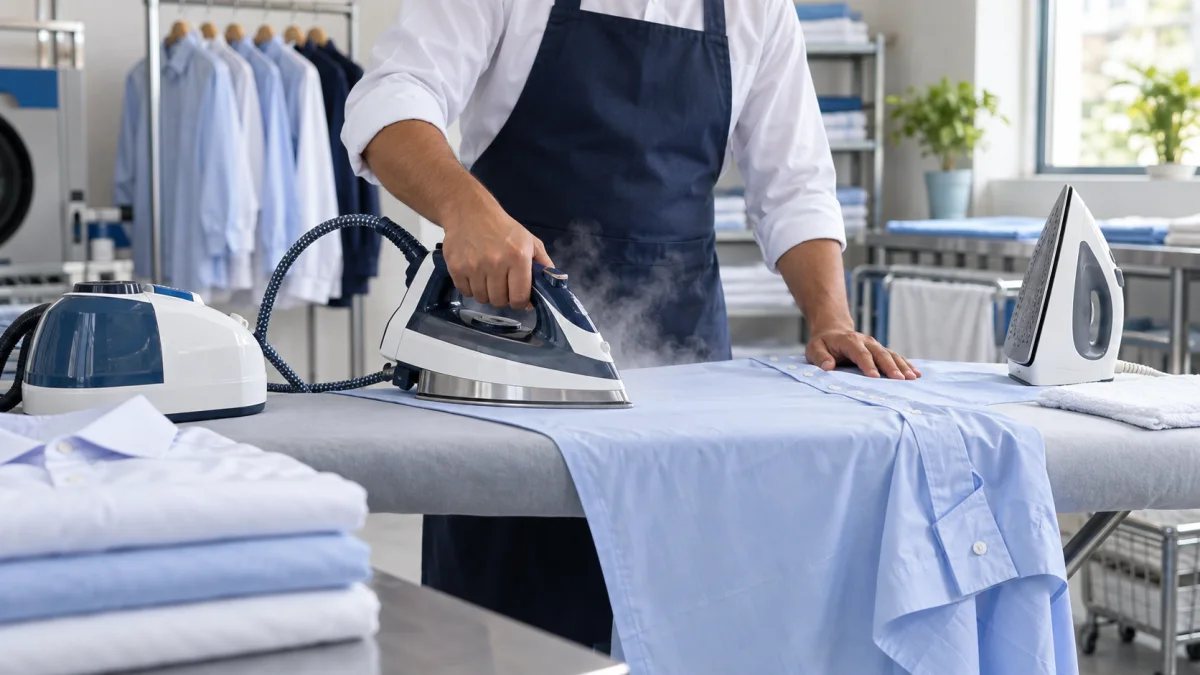 Professional steam iron and regular iron arranged beside a pressed blue shirt
