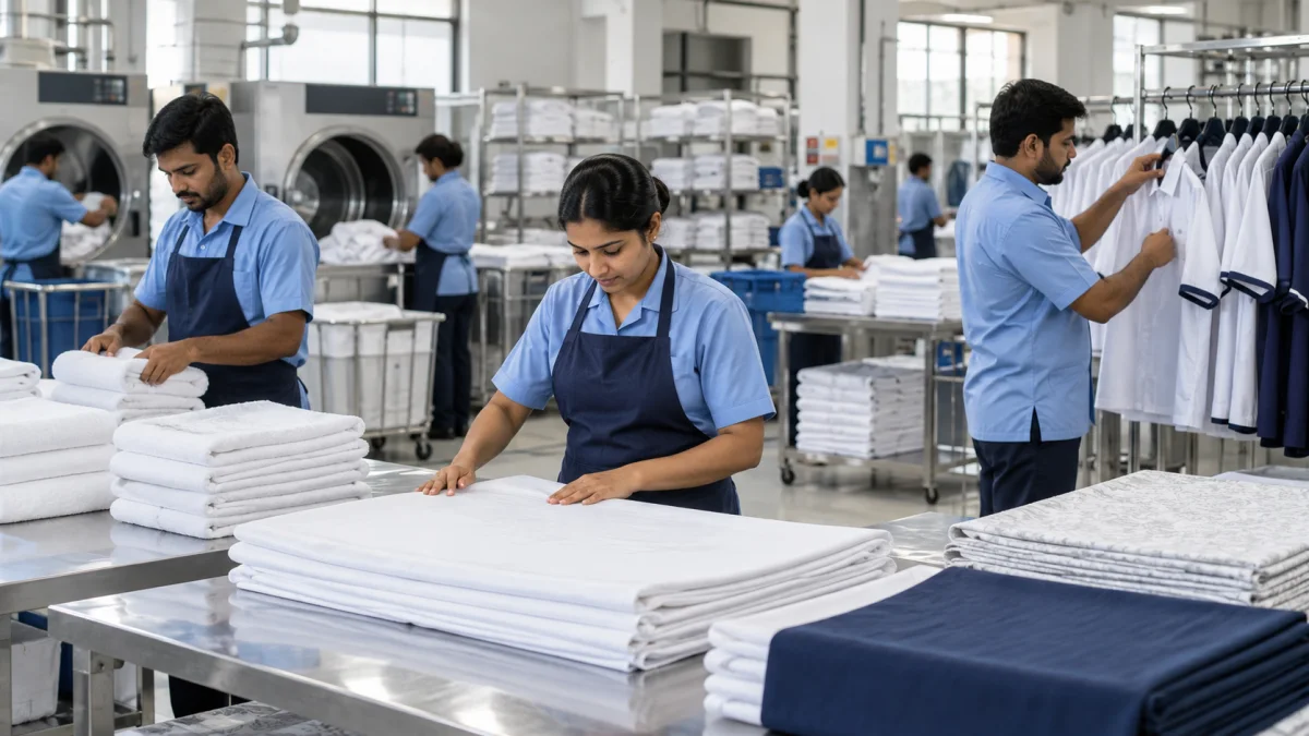 Hospitality uniforms towels and bed linen being quality checked after laundry