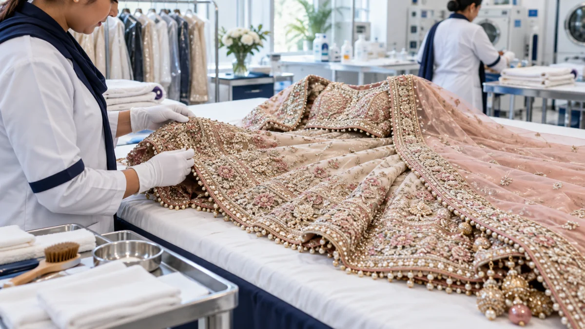 Delicate Pakistani bridal lehenga being inspected before professional cleaning