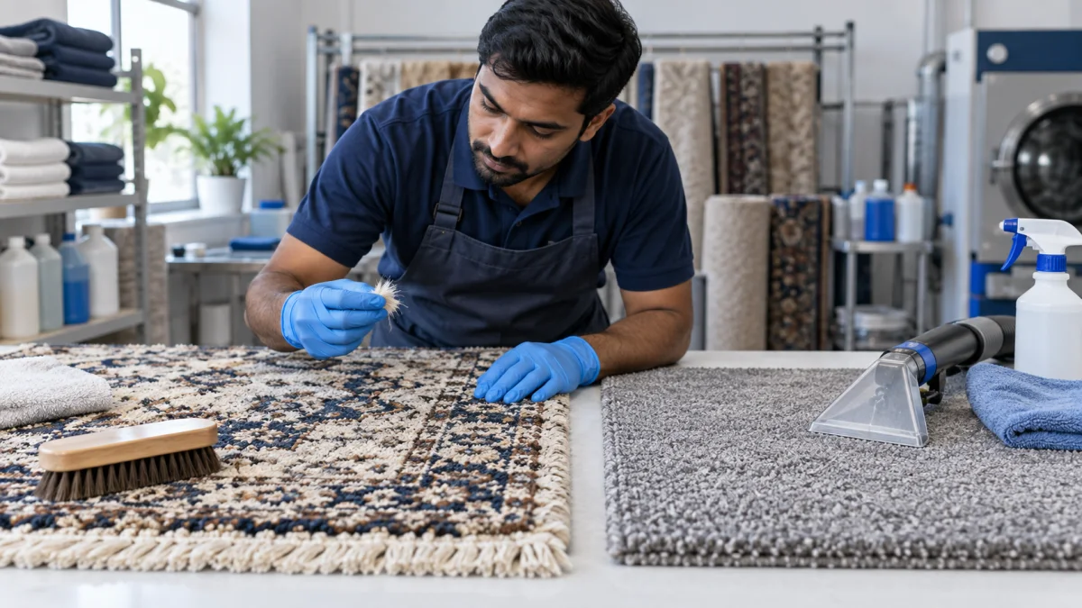 Technician comparing woollen rug fibres with synthetic carpet before cleaning